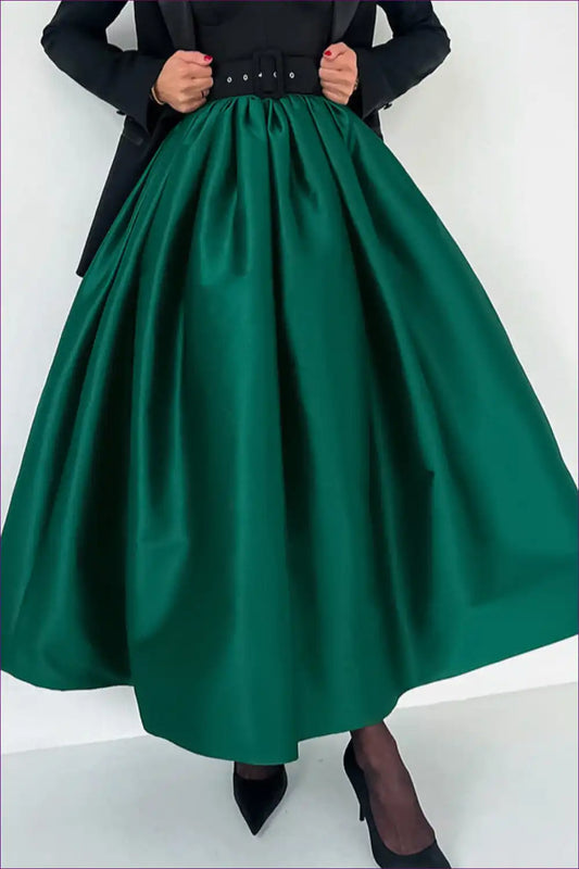 Satin A-line Maxi Skirt with Belted Waist - Elegant Occasions for A-line, All Season, Everyday, Formal Wear,