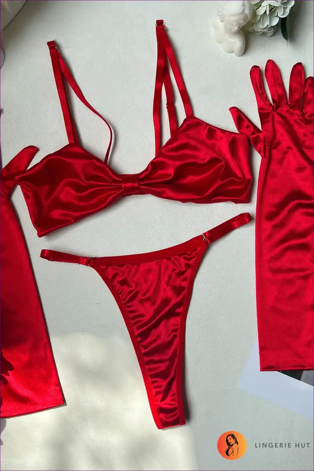 Satin Lingerie Set with Strappy Bra & Gloves - Elegant Night Drama for Boudoir, Set, Date Night, Evening