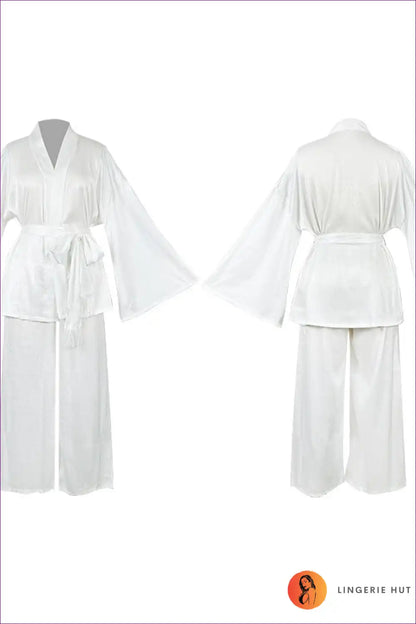 Satin Lounge Set with Kimono Top and Wide-leg Trousers - Relaxed Luxe for All Season, Casual, Everyday,