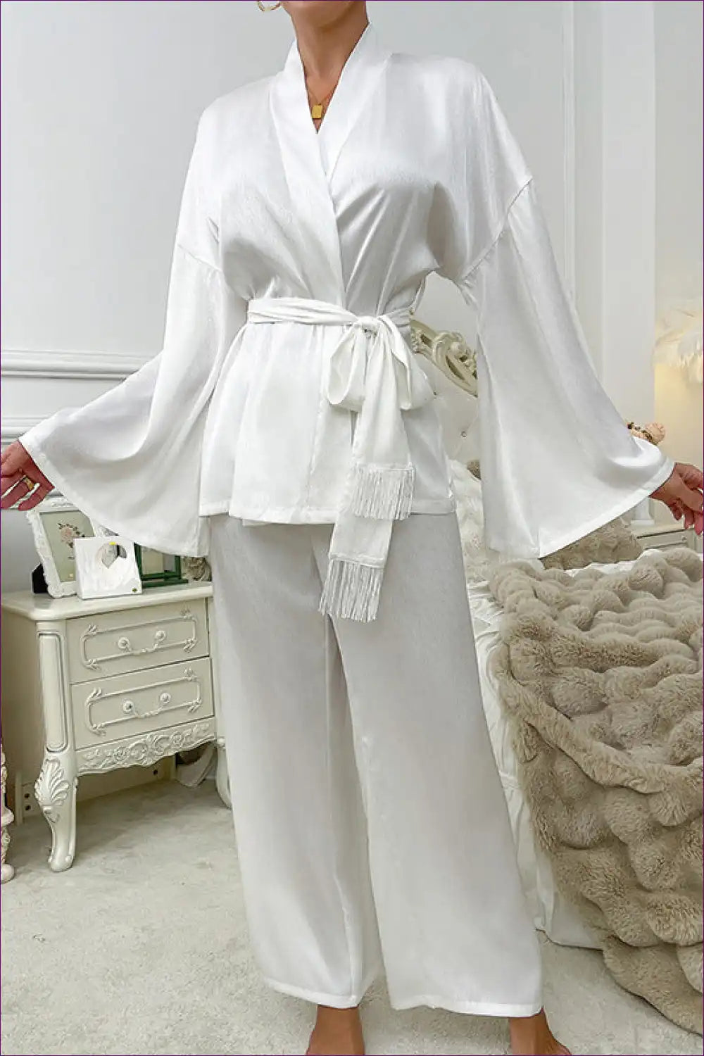 Satin Lounge Set with Kimono Top and Wide-leg Trousers - Relaxed Luxe for All Season, Casual, Everyday,