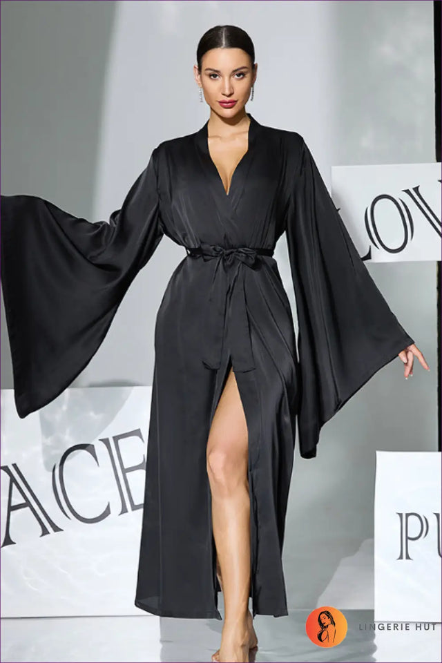 Satin Maxi Robe with Wide Sleeves - The Honeymoon Edit