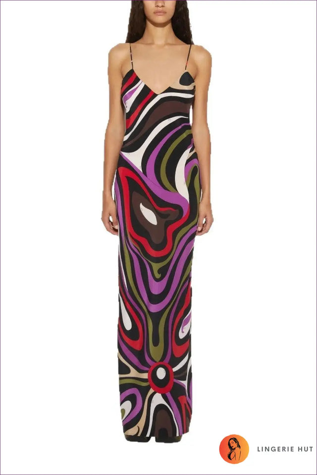 Satin Maxi Slipdress with Abstract Print - Understated Glamour