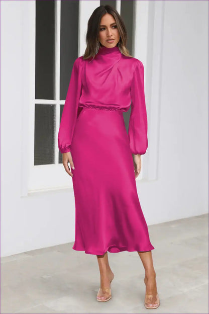 Satin Midi Dress with Balloon Sleeves - Evening Elegance for Autumn, Dress, Evening Wear, Everyday, Formal