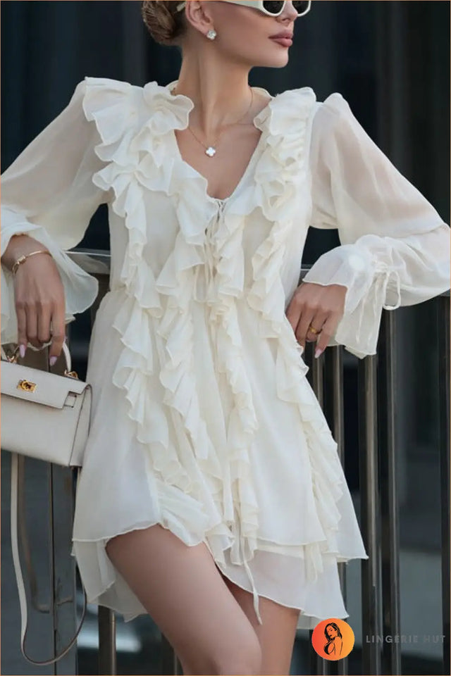 Ruffled Sheer Long Sleeve Mini Dress