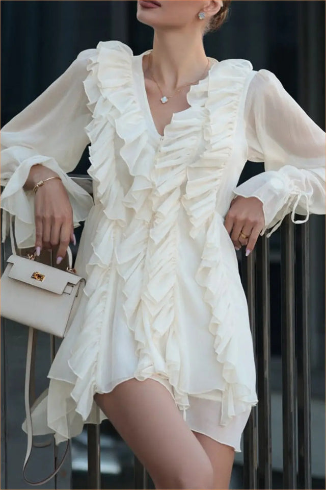 Ruffled Sheer Long Sleeve Mini Dress