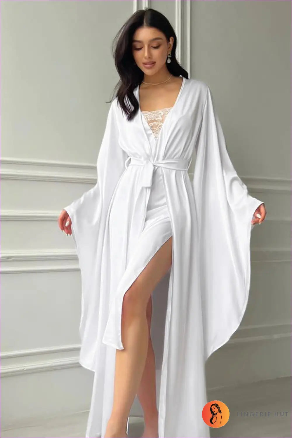 Satin Pyjama with Robe Set - Luxe Nights in - s / White - Robes - Lingerie Hut - Autumn • Boudoir • Lace • Loungewear