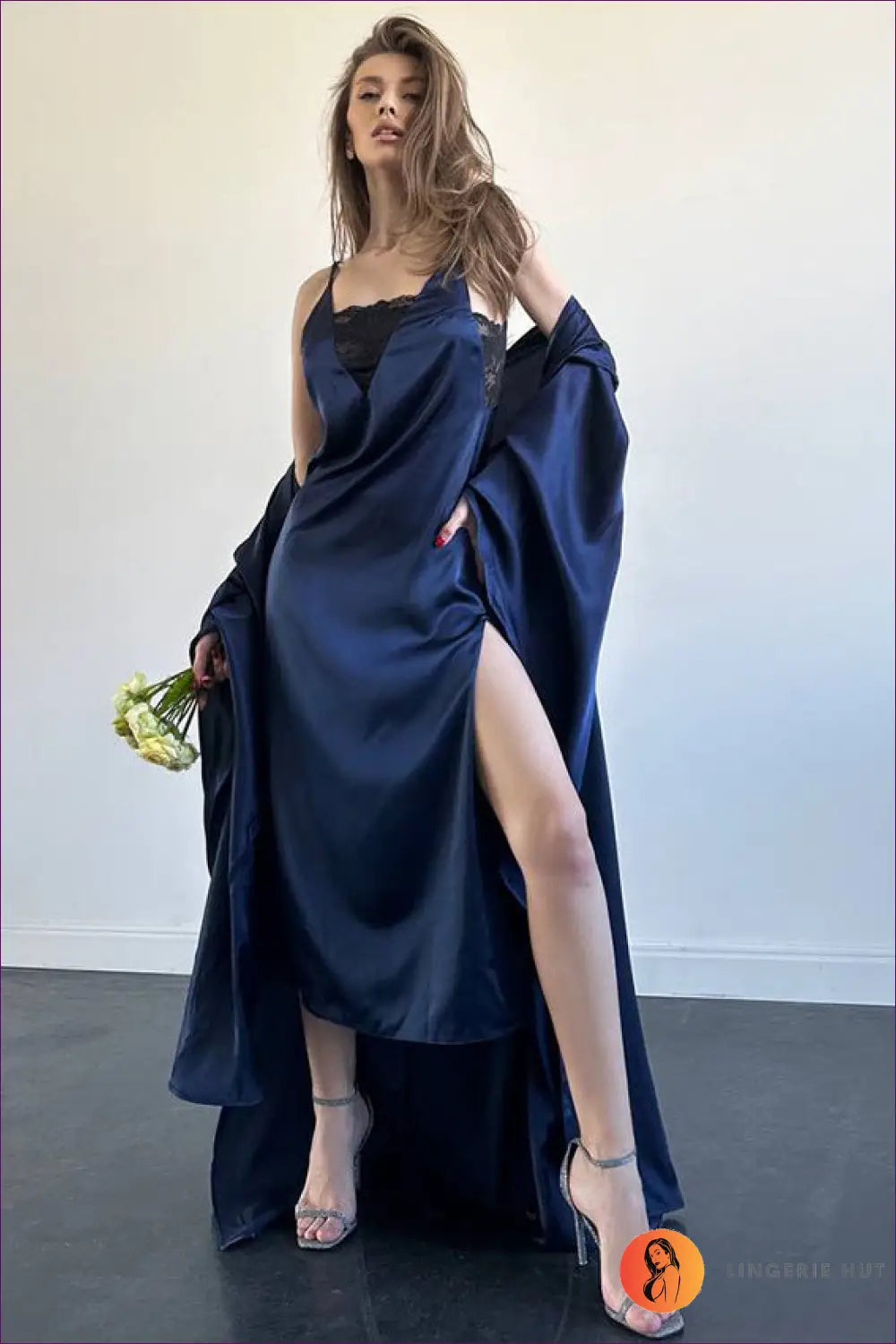 Satin Pyjama with Robe Set - Luxe Nights in - s / Blue - Robes - Lingerie Hut - Autumn • Boudoir • Lace • Loungewear