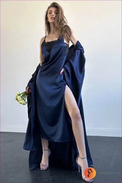 Satin Pyjama with Robe Set - Luxe Nights in - s / Blue - Robes - Lingerie Hut - Autumn • Boudoir • Lace • Loungewear