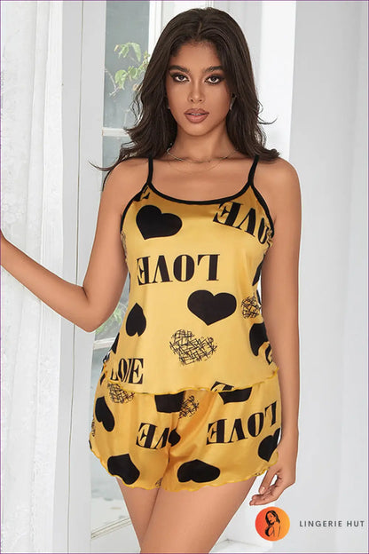 Satin Pyjama Set with Heart Print - Luxe Nights in - m / Yellow - Sleepwear & Loungewear - Lingerie Hut - Animal