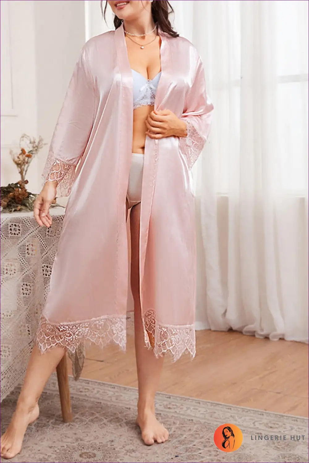Satin Robe with Lace Patchwork - Luxe Nights in - Xl / Light Pink - Robes - Lingerie Hut - All Season • Autumn • Casual