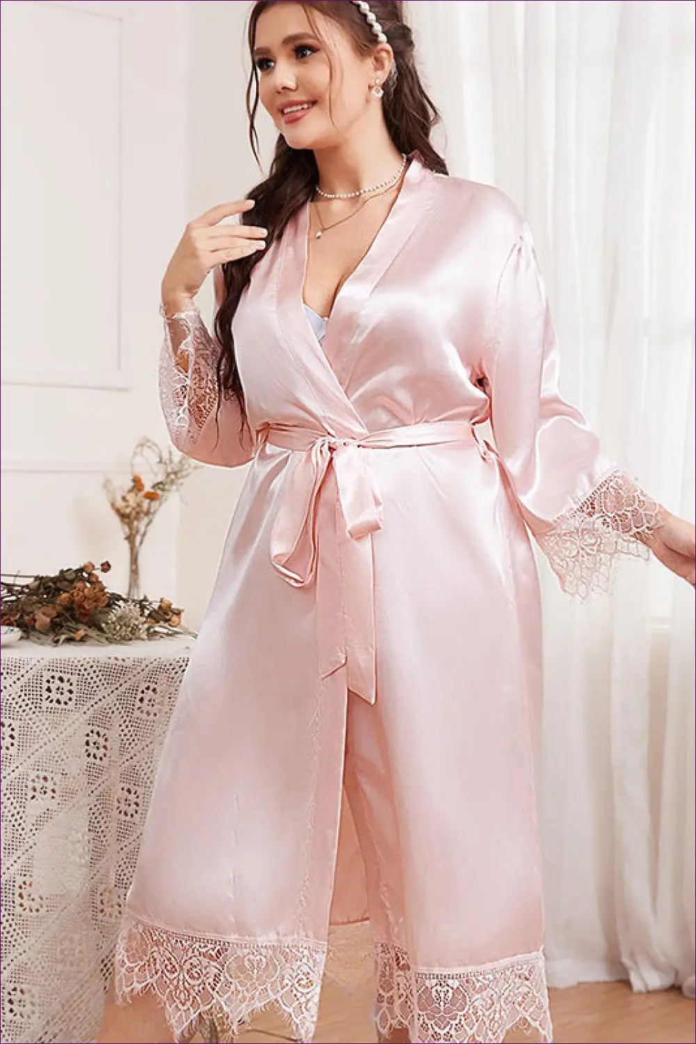 Satin Robe with Lace Patchwork - Luxe Nights in - Robes - Lingerie Hut - All Season • Autumn • Casual • Glamour • Lace