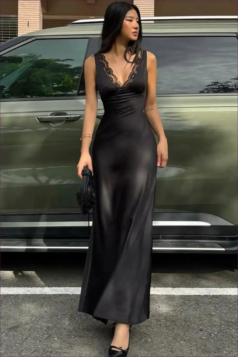 Satin Slip Dress with Lace Trim and Deep V-neckline for Date Night, Dresses, Evening Wear, Formal