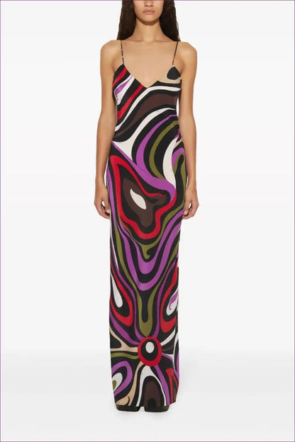Satin Slip Maxi Dress with Abstract Swirl Print for Dress, Dresses, Evening Wear, Formal