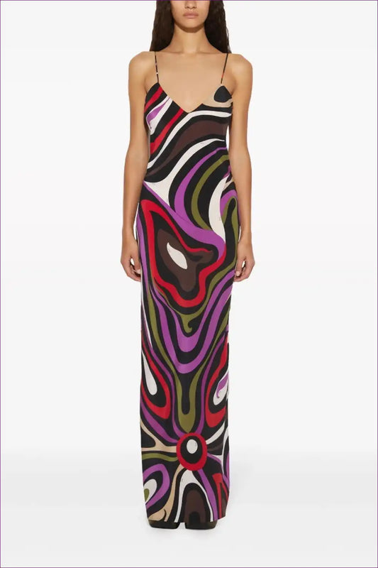 Satin Slip Maxi Dress with Abstract Swirl Print for Dress, Dresses, Evening Wear, Formal