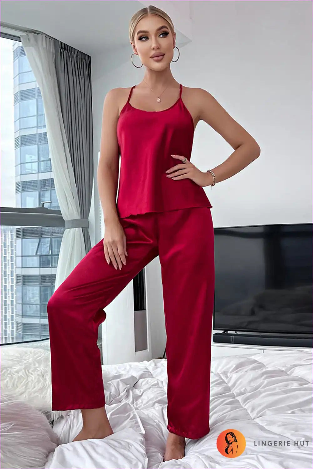 Experience Luxurious Comfort With Our Satin Spaghetti Strap Backless Pyjama Set. Finest Satin Fabric,