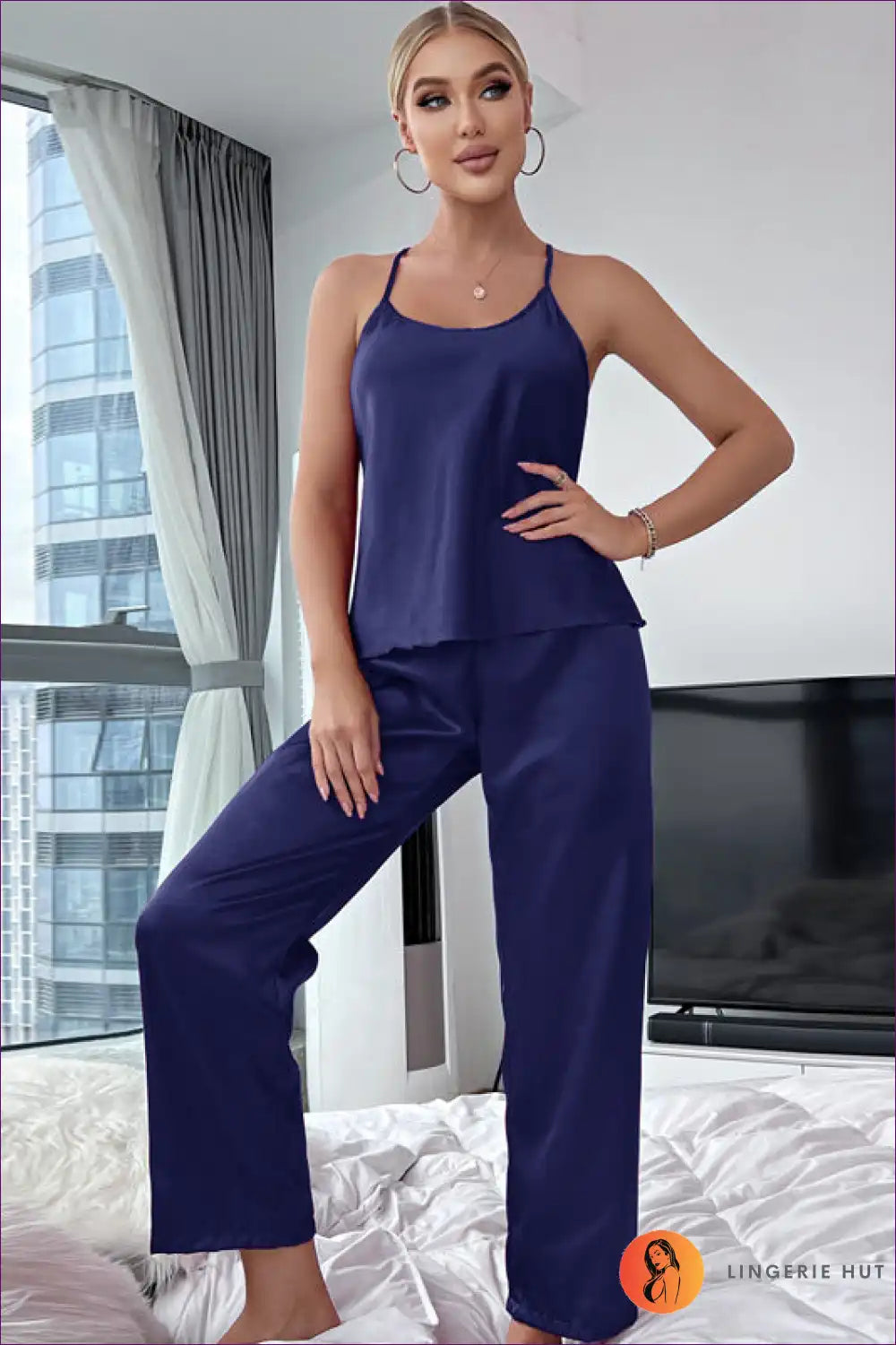 Experience Luxurious Comfort With Our Satin Spaghetti Strap Backless Pyjama Set. Finest Satin Fabric,