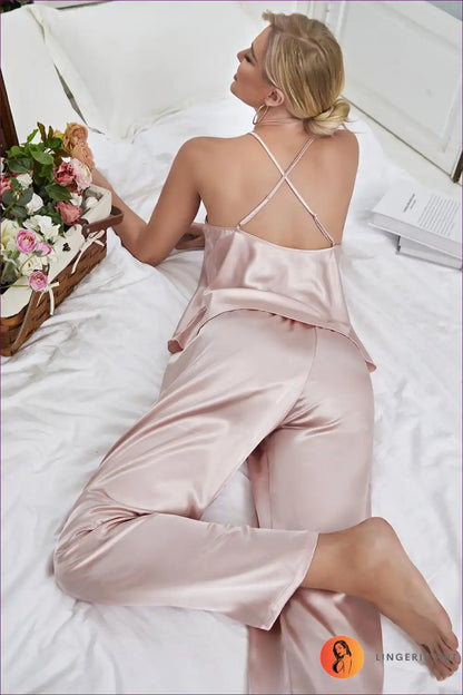 Experience Luxurious Comfort With Our Satin Spaghetti Strap Backless Pyjama Set. Finest Satin Fabric,