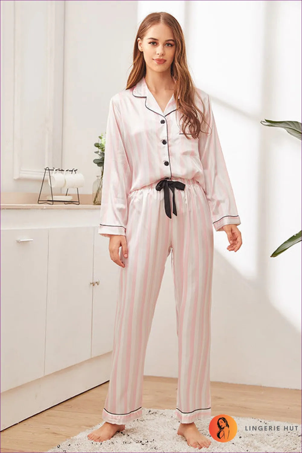 Make a Fashion Statement At Bedtime With Our Satin Stripe Long Sleeve Bow Tie Pyjama Set. Soft Satin, Classic