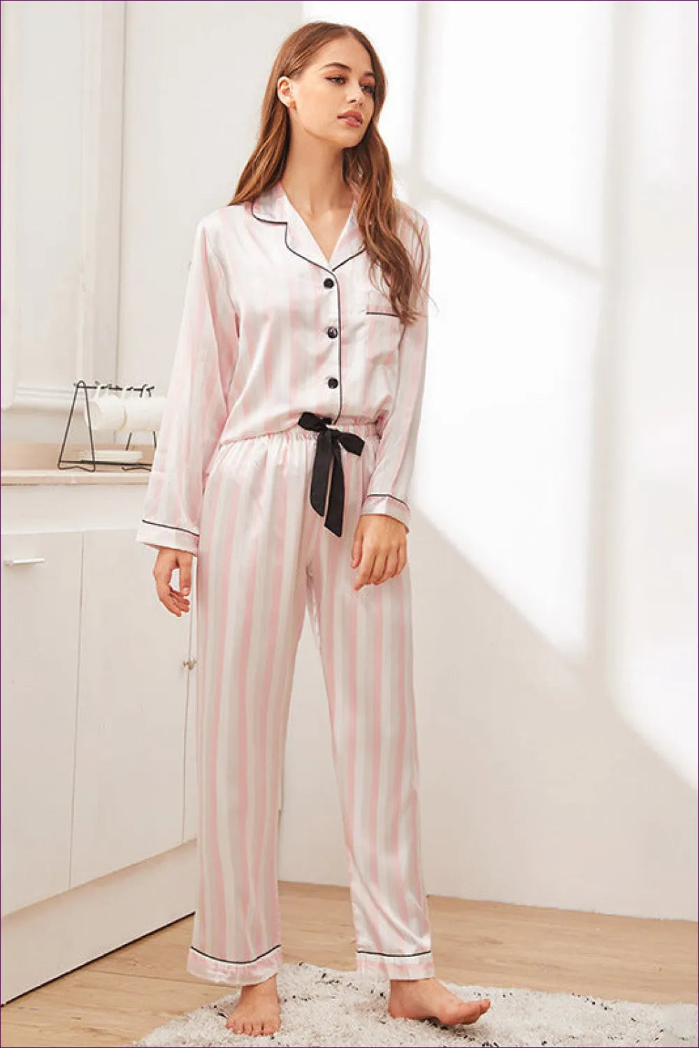 Make a Fashion Statement At Bedtime With Our Satin Stripe Long Sleeve Bow Tie Pyjama Set. Soft Satin, Classic