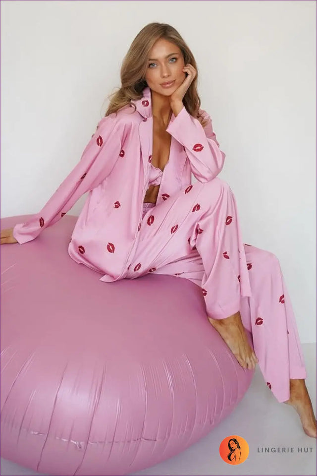 Satin Three Piece Pyjama With Robe Set - Playful Everyday Ease