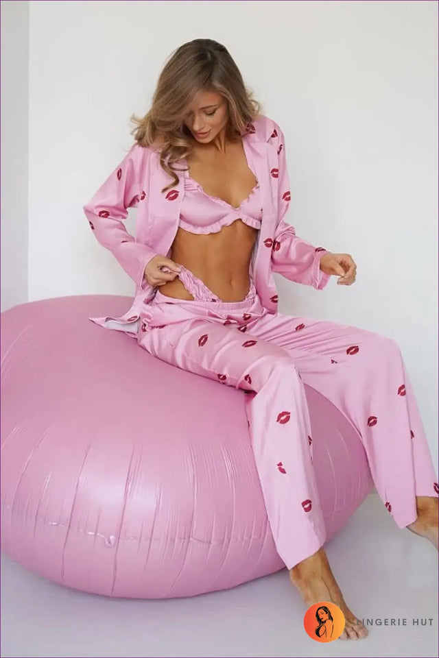 Satin Three Piece Pyjama With Robe Set - Playful Everyday Ease