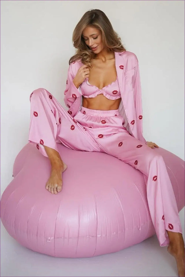 Satin Three Piece Pyjama With Robe Set - Playful Everyday Ease