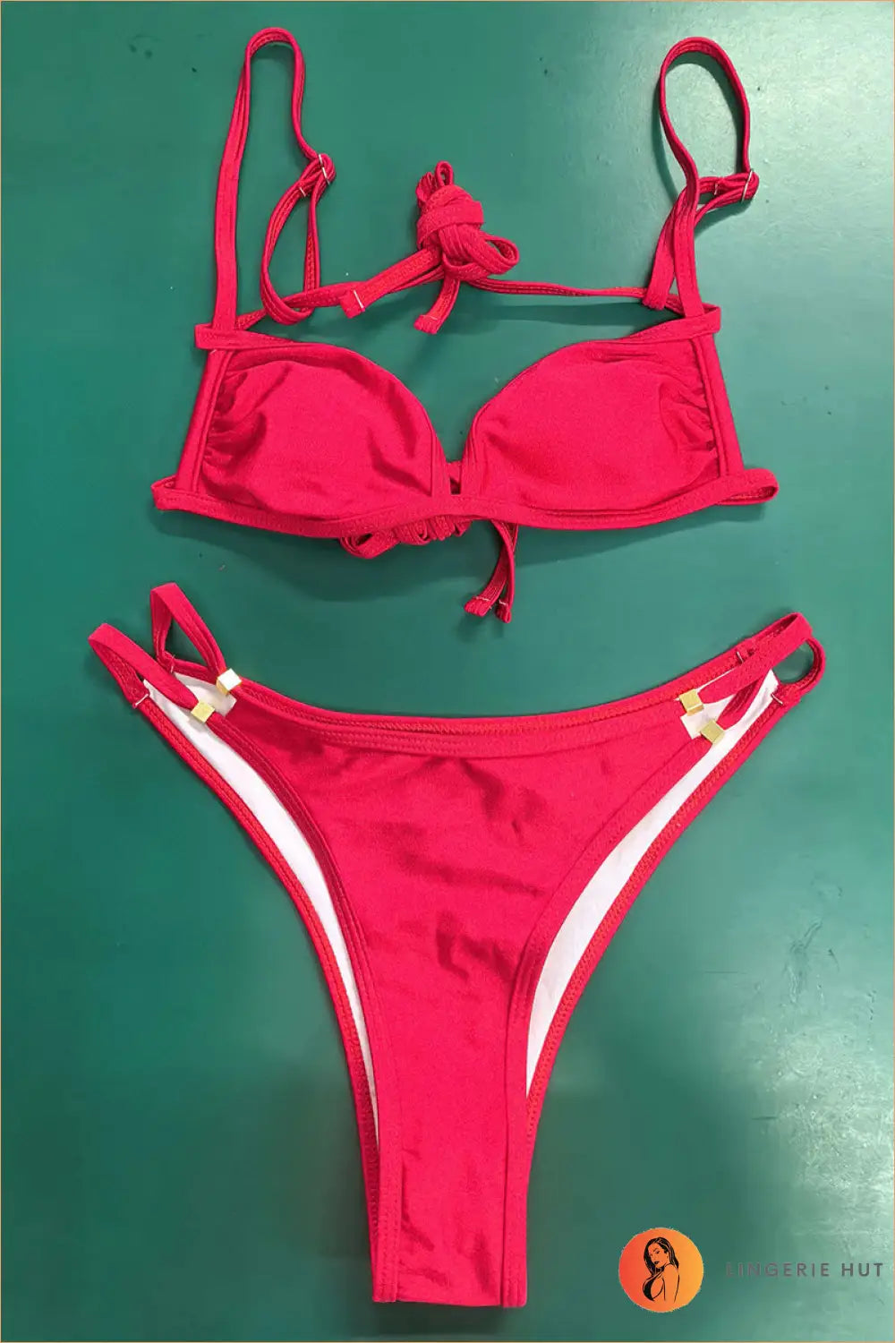Satin Twist-front Bikini Set with Thin Straps - Tide Line Glow - l / Red - Beachwear • Boho • just in • Polyester