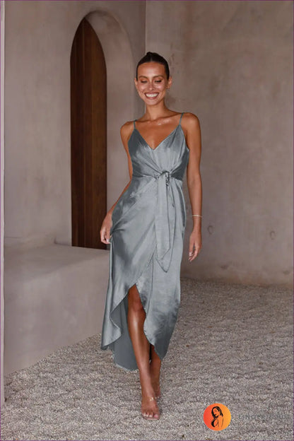 Satin Wrap Maxi Dress - Understated Evening Glamour - s / Grey - Dresses - Clothing • Date Night • Lingerie Hut