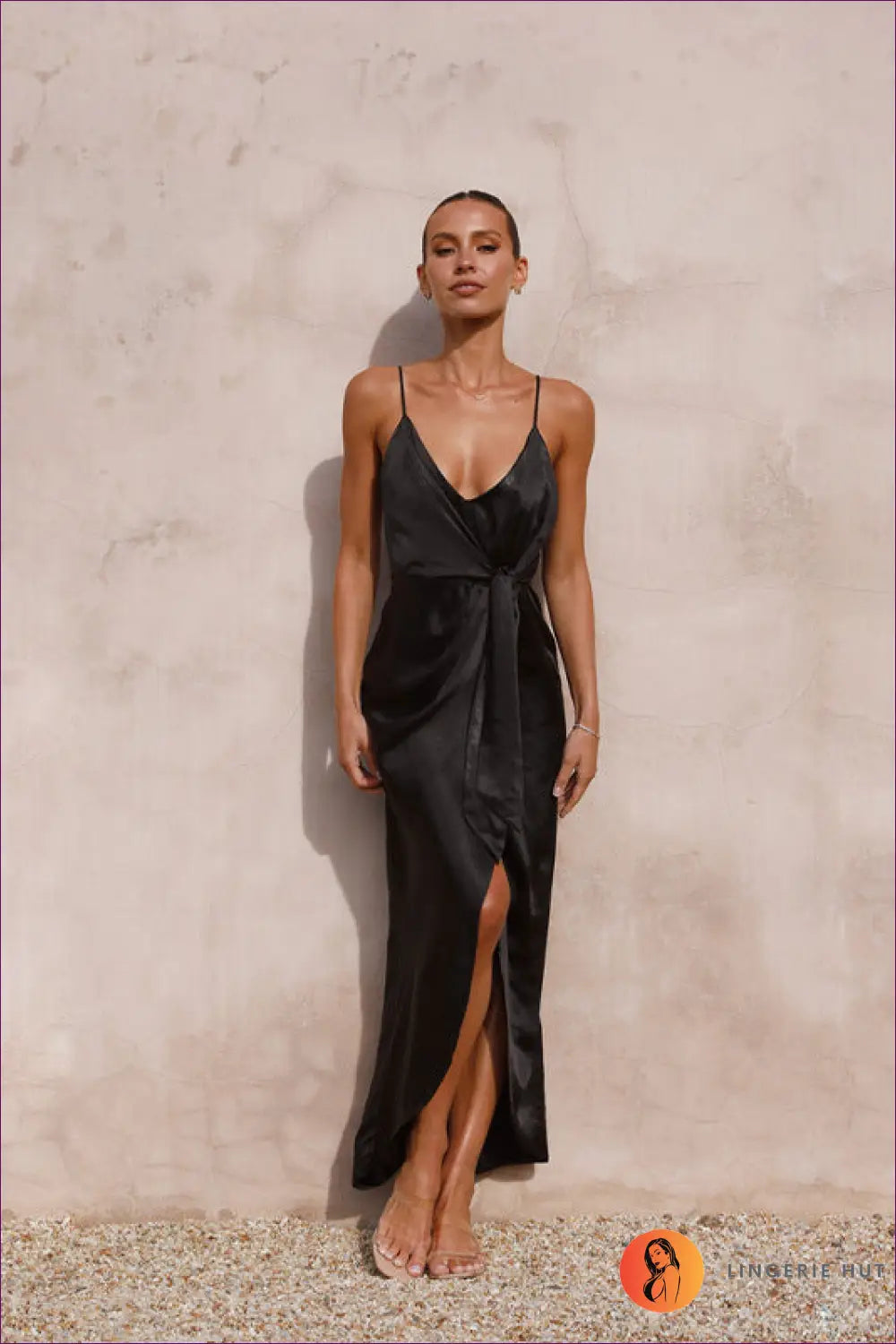 Satin Wrap Maxi Dress - Understated Evening Glamour - s / Black - Dresses - Clothing • Date Night • Lingerie Hut
