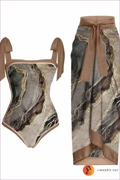Scale-print Swimsuit with Tie-waist Sarong - Island Escape - s / Figure 6 - Swimwear - Beachwear • Boho • co Ord
