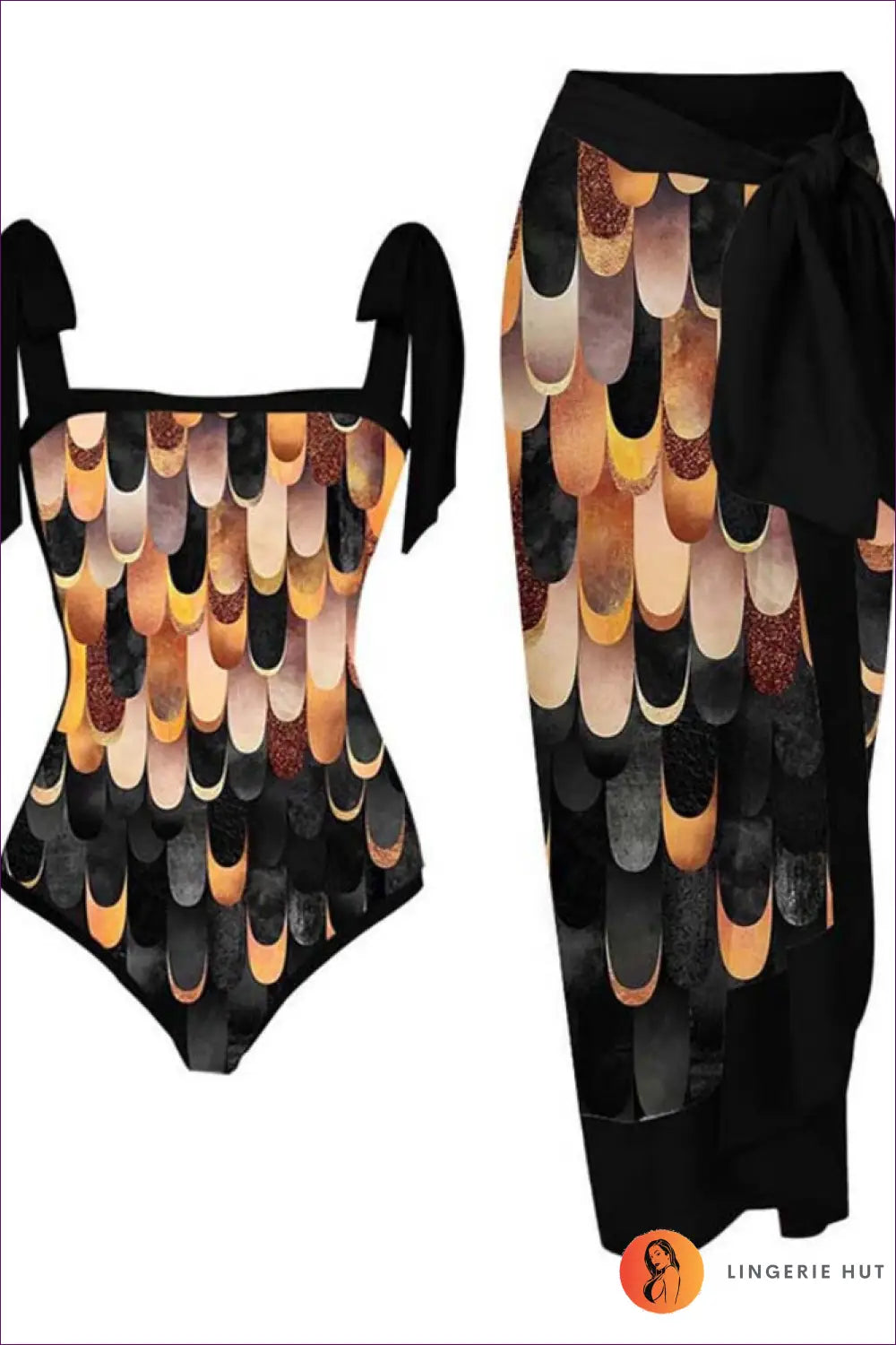 Scale-print Swimsuit with Tie-waist Sarong - Island Escape - Swimwear - Beachwear • Boho • co Ord • Cover Up