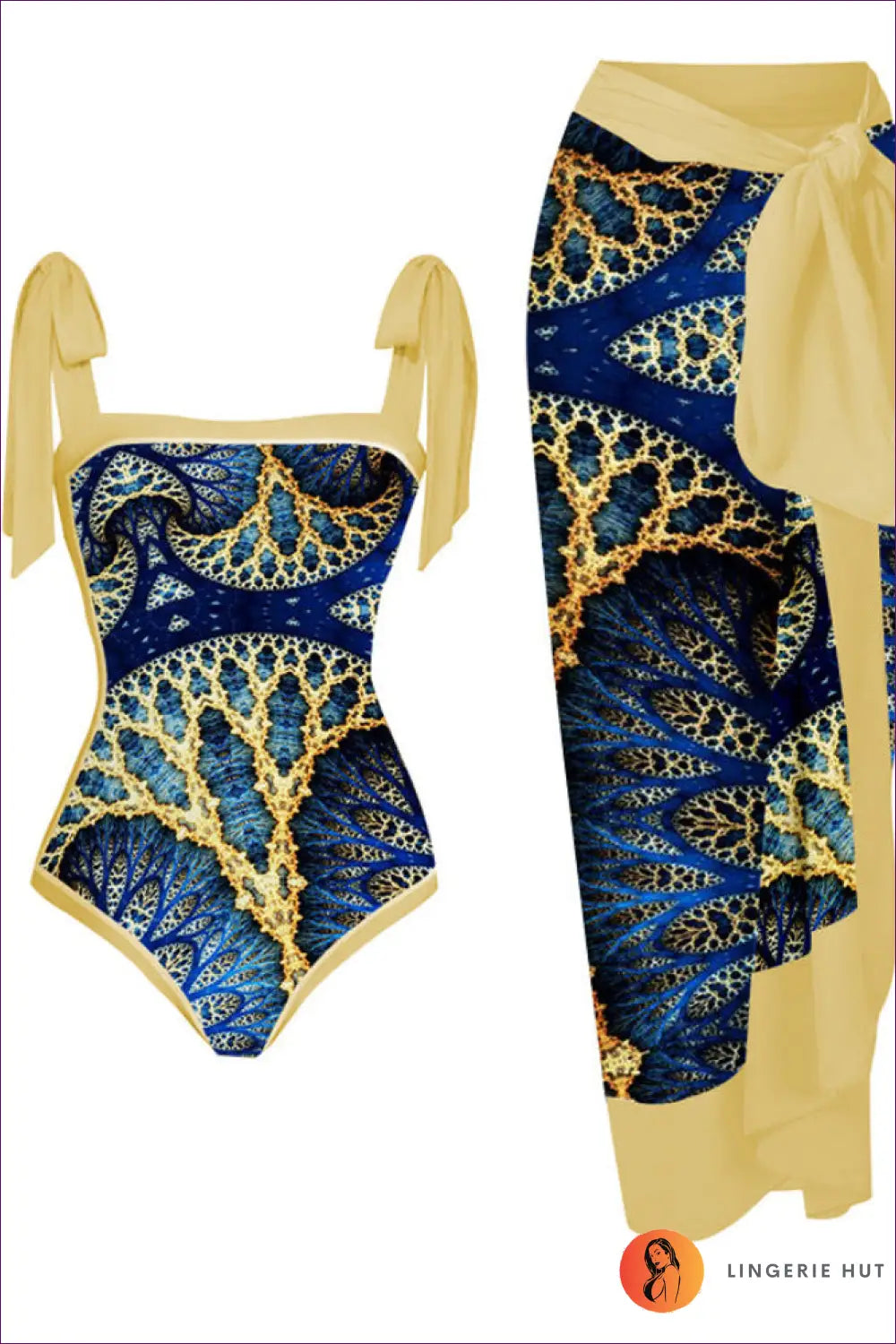 Scale-print Swimsuit with Tie-waist Sarong - Island Escape - s / Figure 9 - Swimwear - Beachwear • Boho • co Ord