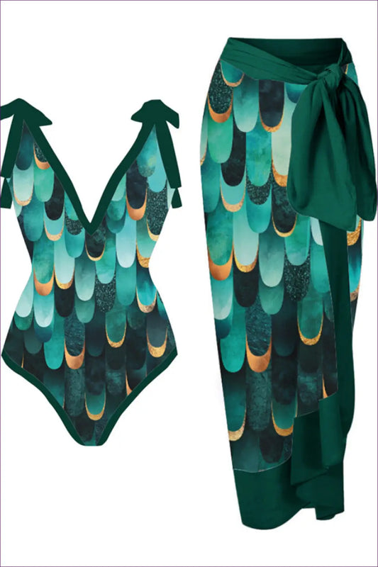 Scale-print Swimsuit with Tie-waist Sarong - Island Escape - Swimwear - Beachwear • Boho • co Ord • Cover Up