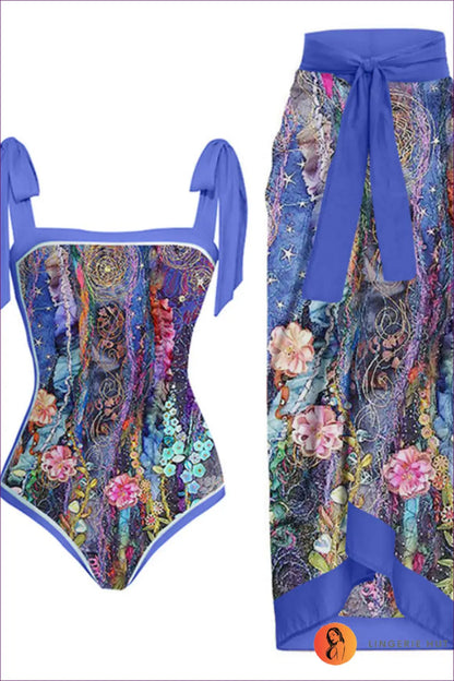 Scale-print Swimsuit with Tie-waist Sarong - Island Escape - s / Figure 11 - Swimwear - Beachwear • Boho • co Ord