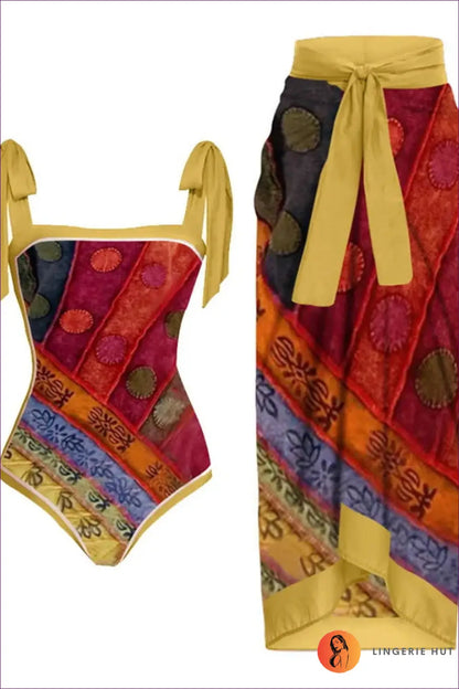 Scale-print Swimsuit with Tie-waist Sarong - Island Escape - s / Figure 14 - Swimwear - Beachwear • Boho • co Ord