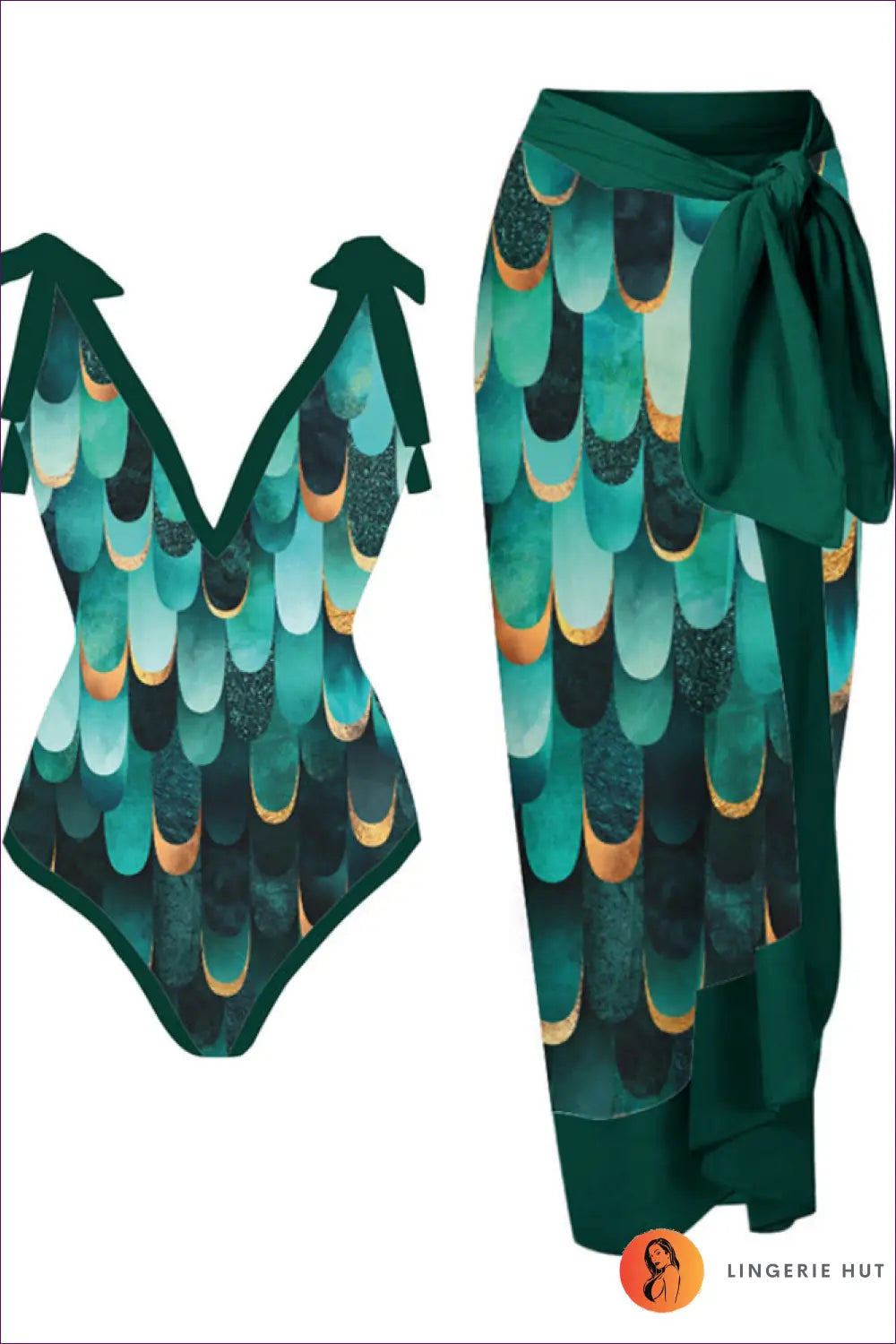 Scale-print Swimsuit with Tie-waist Sarong - Island Escape - s / Figure 2 - Swimwear - Beachwear • Boho • co Ord
