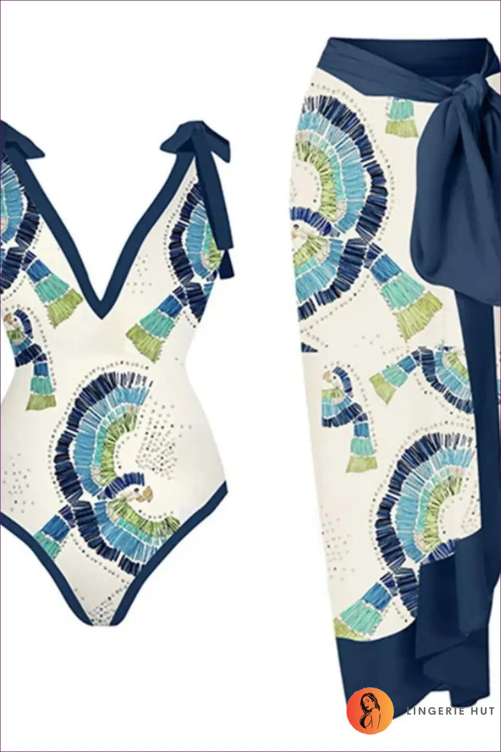 Scale-print Swimsuit with Tie-waist Sarong - Island Escape - s / Figure 18 - Swimwear - Beachwear • Boho • co Ord