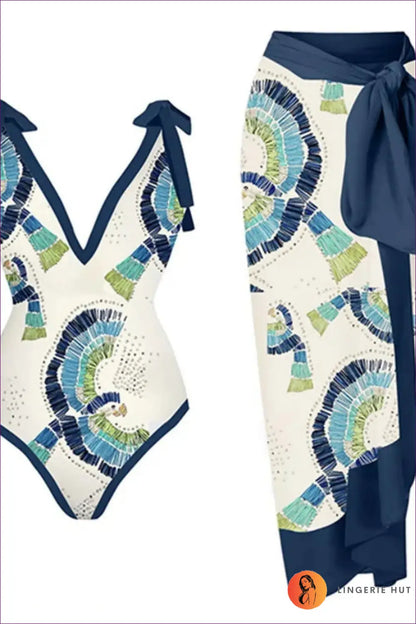 Scale-print Swimsuit with Tie-waist Sarong - Island Escape - s / Figure 18 - Swimwear - Beachwear • Boho • co Ord