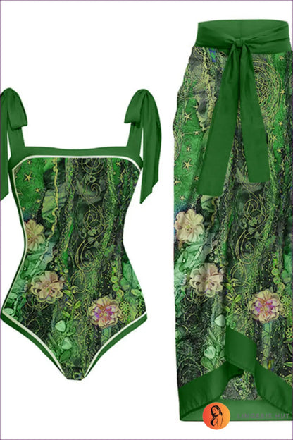 Scale-print Swimsuit with Tie-waist Sarong - Island Escape - Swimwear - Beachwear • Boho • co Ord • Cover Up