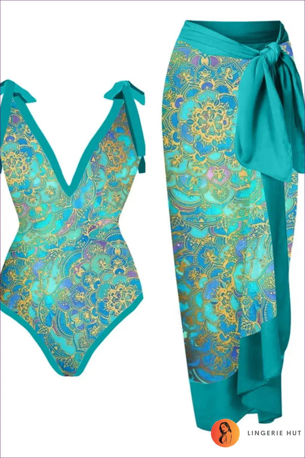 Scale-print Swimsuit with Tie-waist Sarong - Island Escape - s / Figure 13 - Swimwear - Beachwear • Boho • co Ord