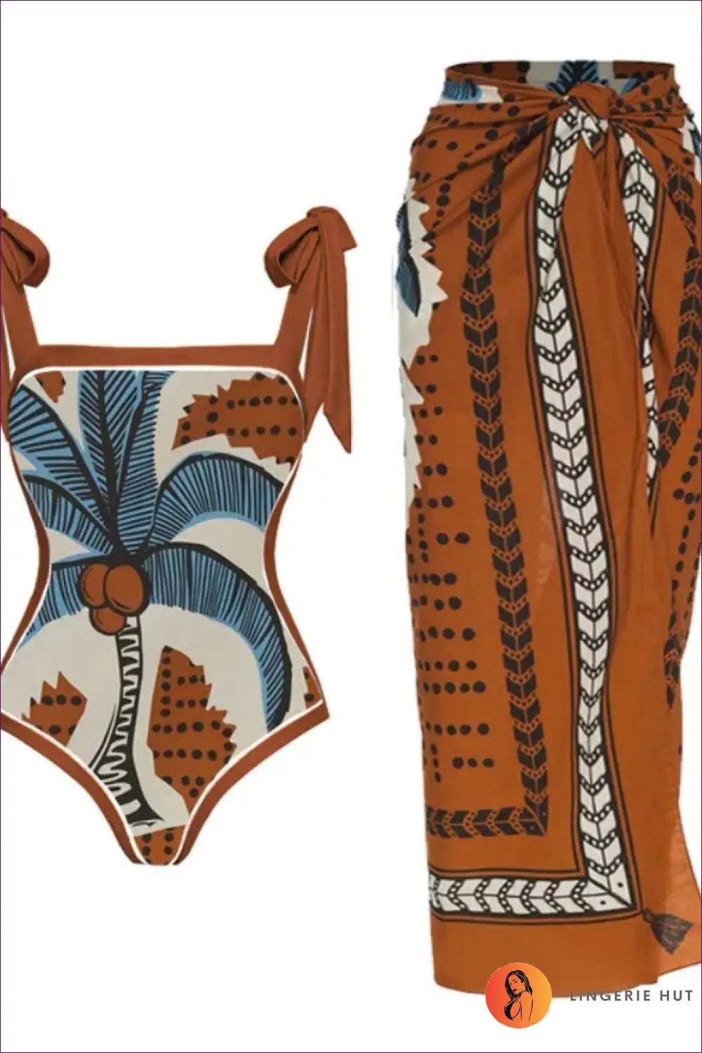 Scale-print Swimsuit with Tie-waist Sarong - Island Escape - s / Figure 12 - Swimwear - Beachwear • Boho • co Ord
