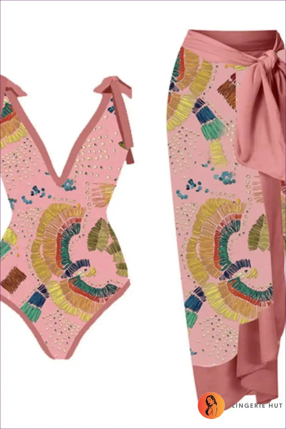 Scale-print Swimsuit with Tie-waist Sarong - Island Escape - s / Figure 17 - Swimwear - Beachwear • Boho • co Ord
