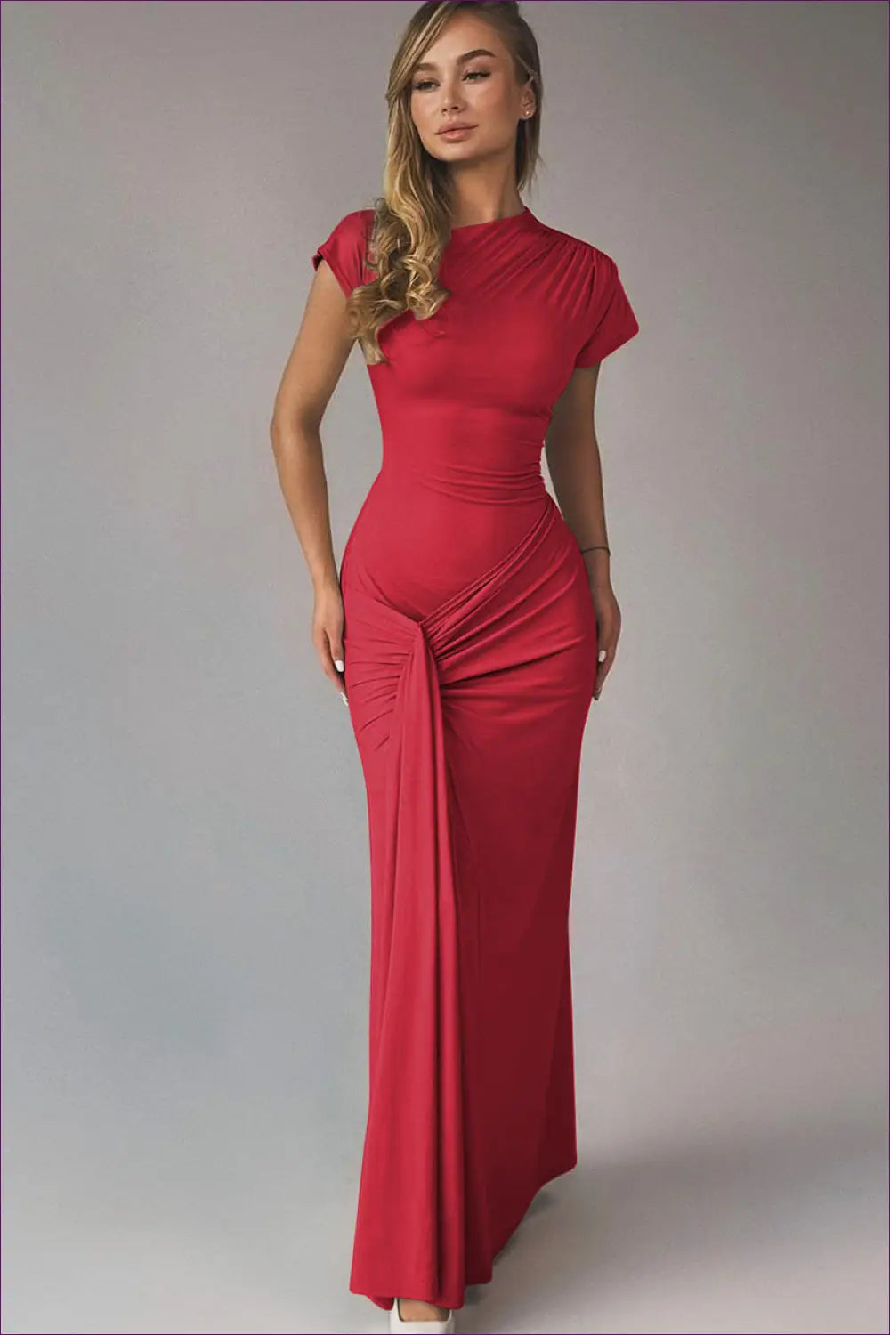 Scarlet Elegance Draped Maxi Dress - Timeless Glamour for Bodycon, Date Night, Dress, Everyday,