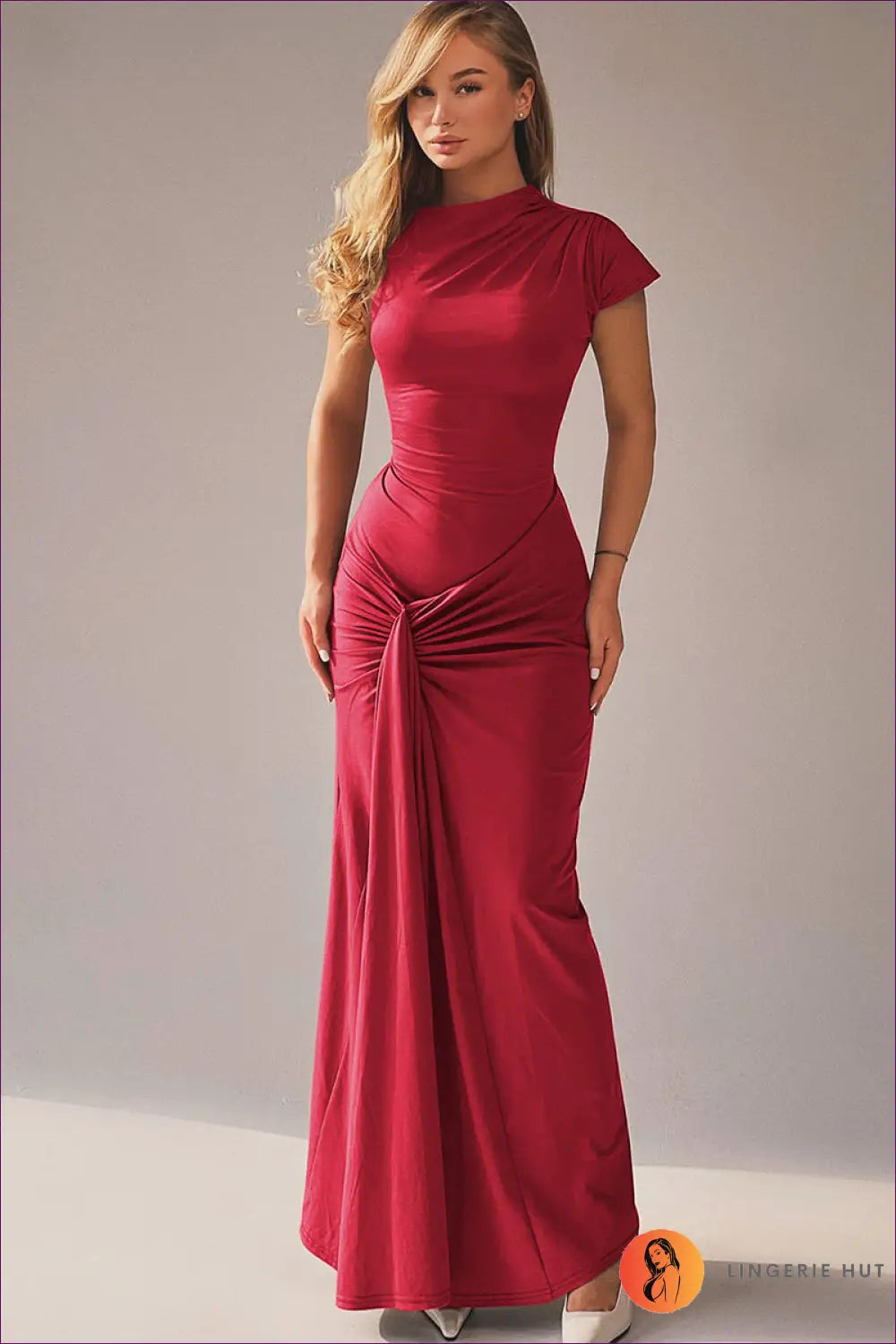 Scarlet Elegance Draped Maxi Dress - Timeless Glamour for Bodycon, Date Night, Dress, Everyday,