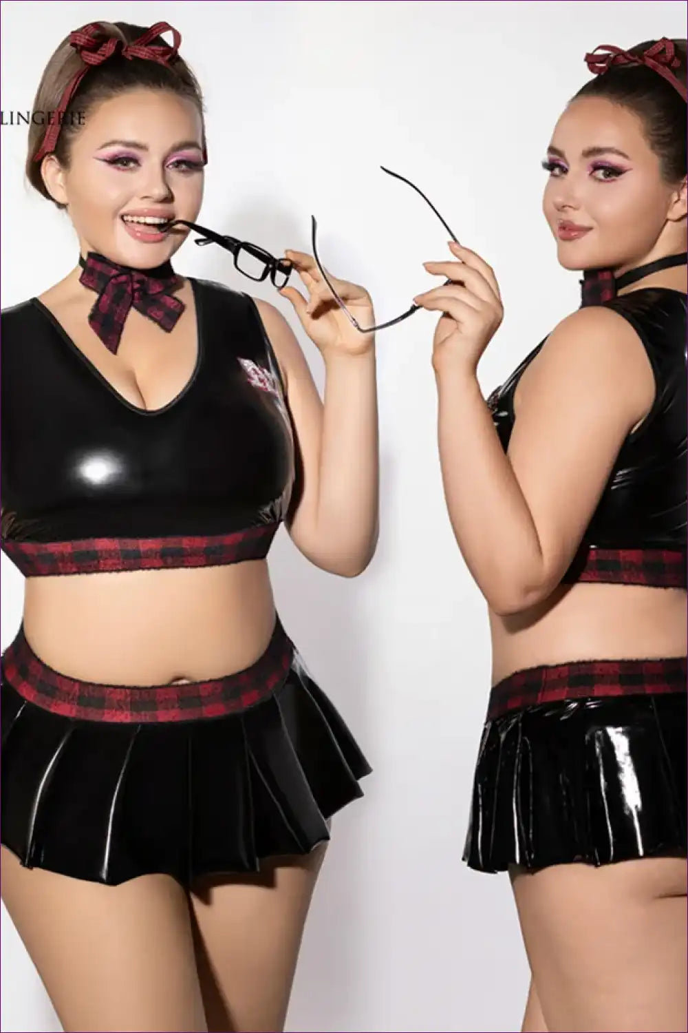 School Girl Costume with Faux Leather Skirt - Statement Night Fun for Boudoir, Costume, Evening Wear,