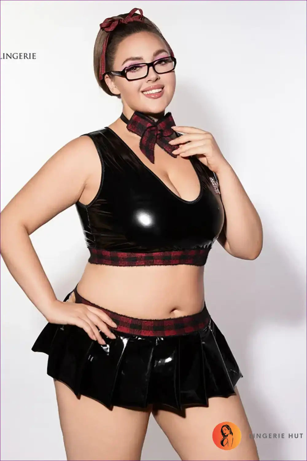 School Girl Costume with Faux Leather Skirt - Statement Night Fun for Boudoir, Costume, Evening Wear,