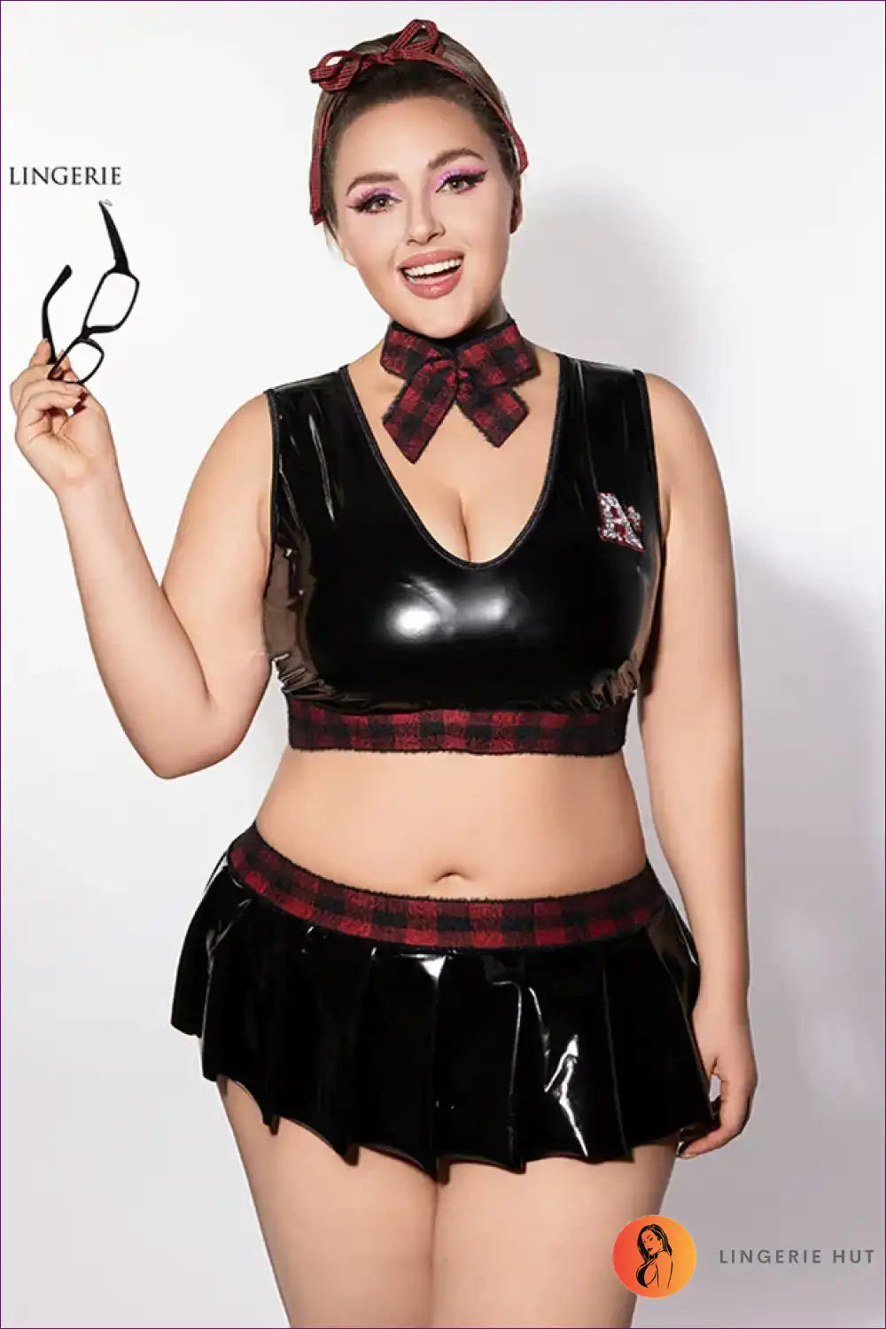 School Girl Costume with Faux Leather Skirt - Statement Night Fun for Boudoir, Costume, Evening Wear,