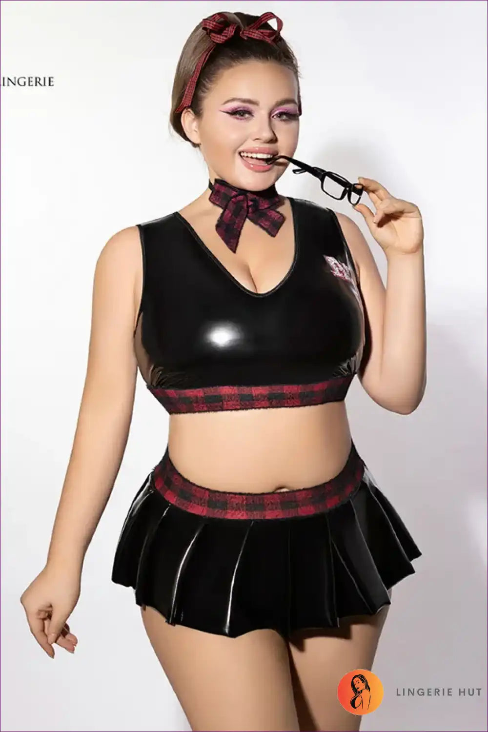 School Girl Costume with Faux Leather Skirt - Statement Night Fun for Boudoir, Costume, Evening Wear,