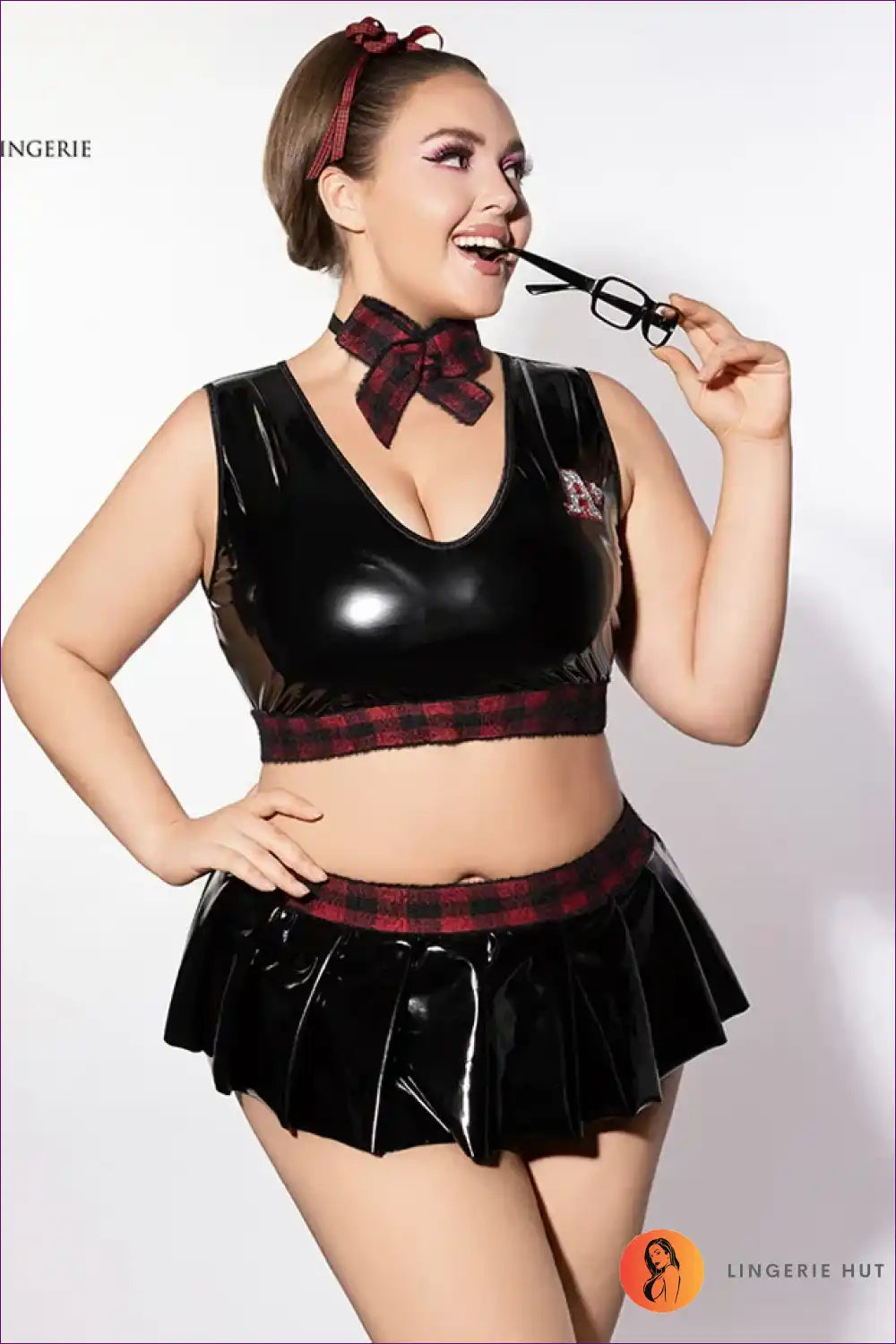 School Girl Costume with Faux Leather Skirt - Statement Night Fun for Boudoir, Costume, Evening Wear,