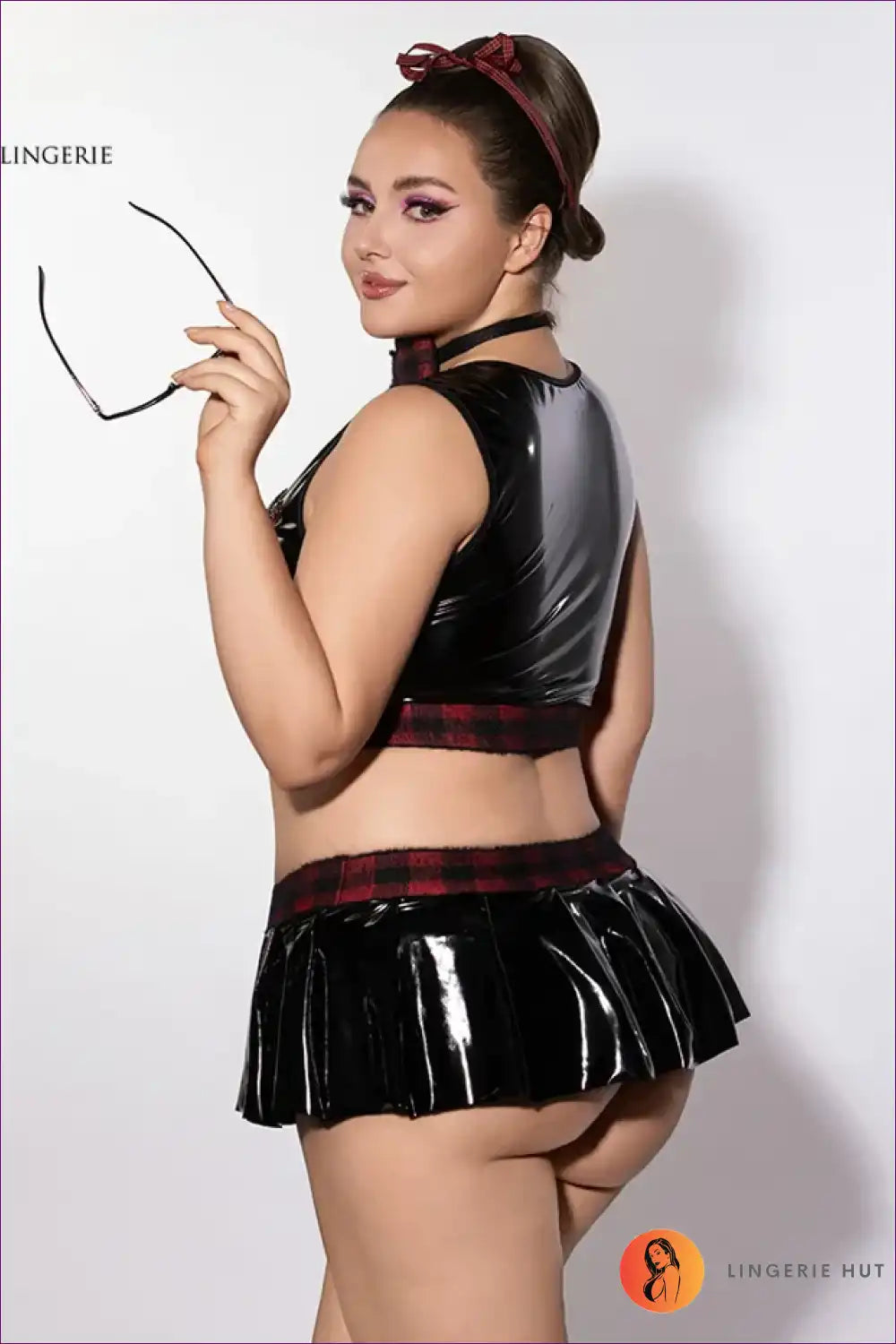 School Girl Costume with Faux Leather Skirt - Statement Night Fun for Boudoir, Costume, Evening Wear,